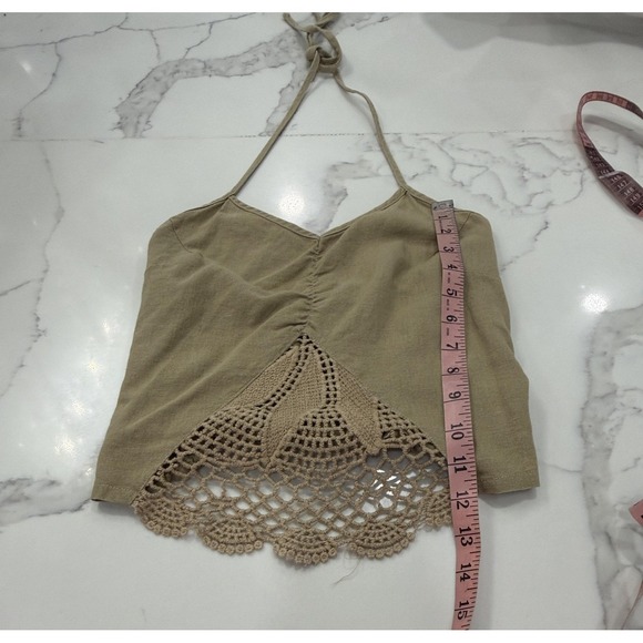 Halter Tank Top Womens Small Beige Crochet Lace Linen Blend Cropped Boho - Picture 6 of 9